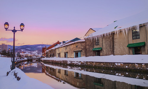 日本北海道小樽 Canel 冬季日落景观