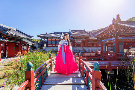 绿色的衣服摄影照片_穿着韩国传统服饰景福宫韩服的女人。
