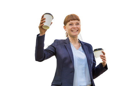年轻漂亮女商人拿着两杯咖啡的剪影