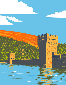 Ladybower 和 Derwent 水库在 Derwent Valley Peak District 国家公园内，英国德比郡英国装饰艺术 WPA 海报艺术