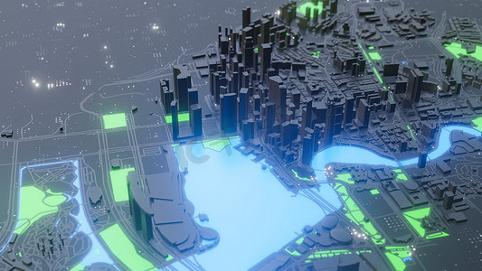 有建筑物和街道的抽象霓虹灯发光的智能城市