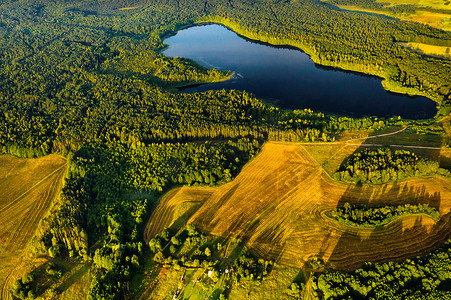 斯拉夫摄影照片_黎明时分，布拉斯拉夫湖国家公园森林中的 Bolta 湖的顶视图，白俄罗斯最美丽的地方。湖中的一个岛屿。白俄罗斯。