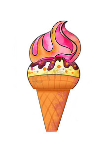 华夫饼插图摄影照片_糖果彩色图的插图：华夫饼锥中的黄色冰淇淋，上面是白色孤立背景上的粉红色奶油