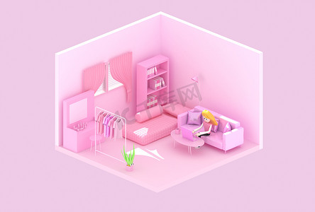 卡通人物紫色摄影照片_女性卡通人物的 3D 插画家使用笔记本电脑在粉红色房间的沙发上。