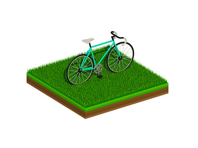 等距自行车摄影照片_绿草上的等距绿色自行车