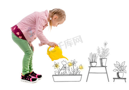 小女孩在彩色素描中浇花