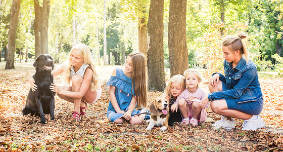 可爱小孩坐摄影照片_小孩和女孩和狗坐在公园里
