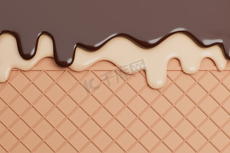 巧克力和香草冰淇淋融化在晶圆背景上。，3D 模型和插图。