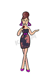 女歌手的彩色图画的插图，在白色孤立的背景下，穿着连衣裙和紫色鞋子的麦克风