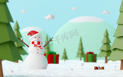 圣诞快乐，新年快乐，松林雪人的风景在雪地上用圣诞礼物庆祝，3d 渲染