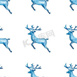 驯鹿圣诞水彩鹿雄鹿无缝图案蓝色。