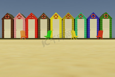 带彩色椅子的海滩小屋的 3d 插图