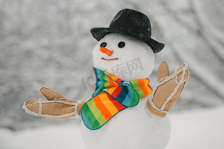 戴着帽子和围巾的雪人在冬季室外。