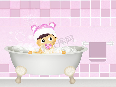 水里气泡摄影照片_婴儿在浴缸里