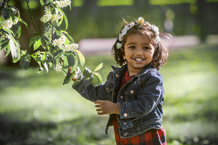 公园里一个两岁的女孩在鸟樱桃树盛开的树枝上