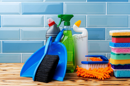 洗涤剂瓶摄影照片_蓝色瓷砖背景下的家用洗涤剂和清洁工具