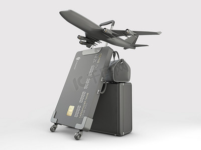 旅游行李卡片摄影照片_信用卡手提箱的 3D 渲染，配有行李和飞机，包括剪切路径