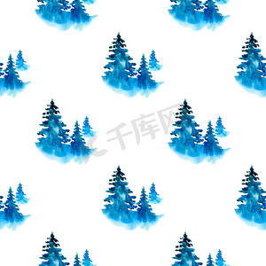 蓝色圣诞水彩松树无缝图案。