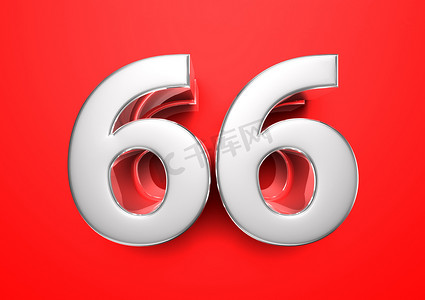 收集积分摄影照片_价格标签 66。66 周年纪念日。红色背景上的 66 号 3D 插图。