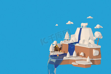 企鹅3d摄影照片_3D 插画企鹅村。 