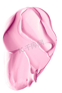 白色背景上突显的腮红粉红色美容化妆品质感、污迹化妆乳液霜涂抹或粉底涂抹、化妆品和油漆描边