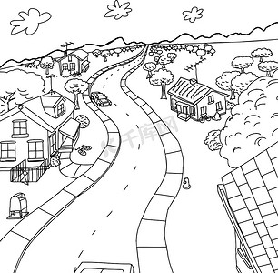 卡通手绘乡村摄影照片_乡村场景中的家园卡通轮廓