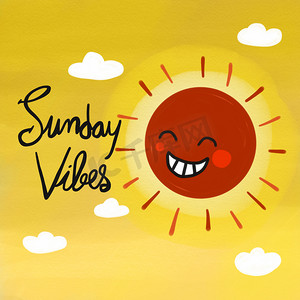 周日共鸣词和红色可爱的太阳微笑水彩画插图