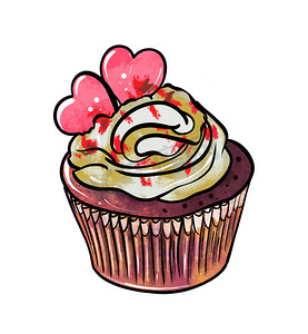 一幅彩色糖果图的插图：白色孤立背景上装饰着粉红色心形的奶油纸杯蛋糕