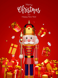 红色背景上带有圣诞礼物的胡桃夹子的 3d 插图