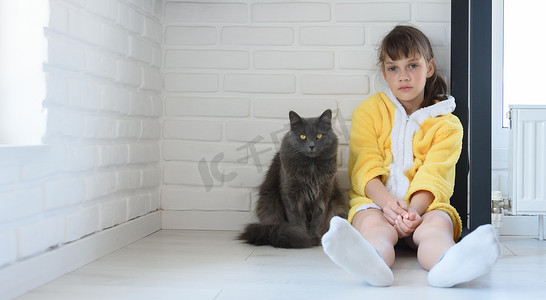 受惩罚的女孩坐在房间的角落里，一只大家猫坐在附近