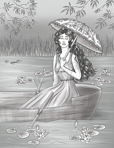 线条画夏天摄影照片_悲伤的女士穿着连衣裙，带着雨伞在漂浮在湖中的小船上，上面有睡莲无色线条画。