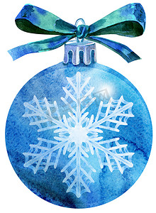 水彩蓝色圣诞球与孤立在白色背景上的蝴蝶结。
