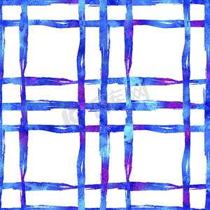 水彩画笔格子无缝图案手绘检查蓝颜色的田庄几何设计。