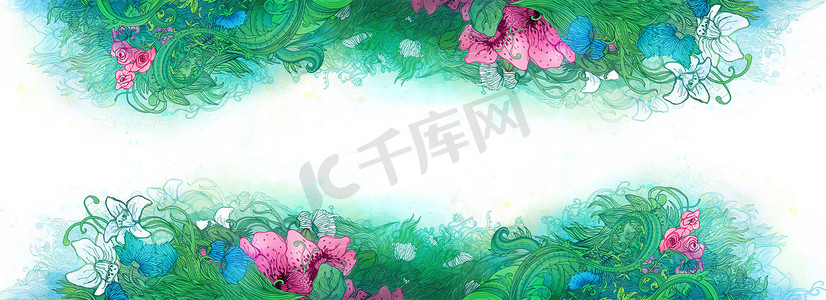 复古卡模板，水彩婚礼请柬设计，配有粉红色野花和绿叶。