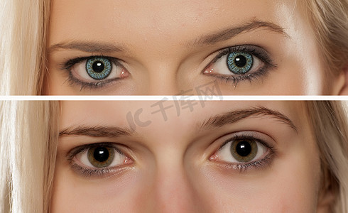 女性眼睛，戴或不戴彩色隐形眼镜