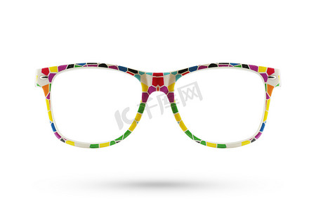 框架眼镜摄影照片_时尚彩虹眼镜风格塑料框隔离在白色背景。