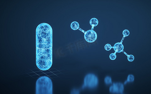 具有蓝色背景的药物和分子，3d 渲染。