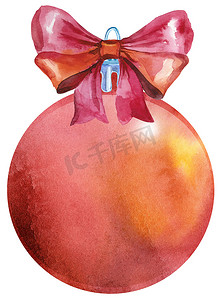 蝴蝶结水彩摄影照片_水彩红色圣诞球与孤立在白色背景上的蝴蝶结。
