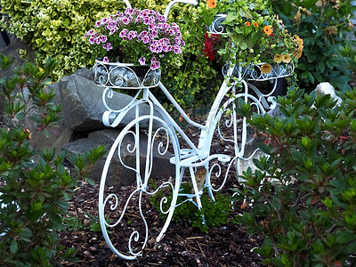 花园里有花的装饰白色自行车
