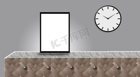 模拟海报门框或框在墙上的木桌上方。