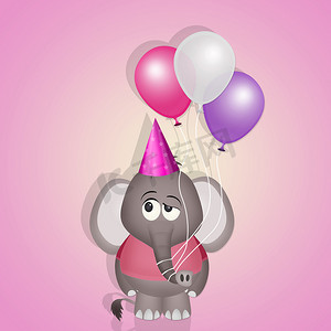 生日派对明信片上有气球的小象