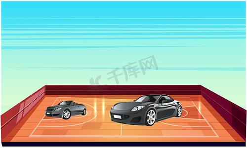 汽车广告设计摄影照片_停在篮球场的汽车的模拟插图