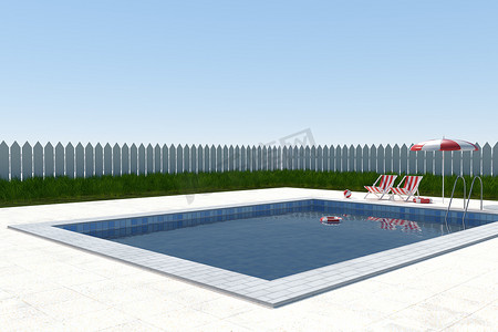 晴天的游泳池，3D 渲染。