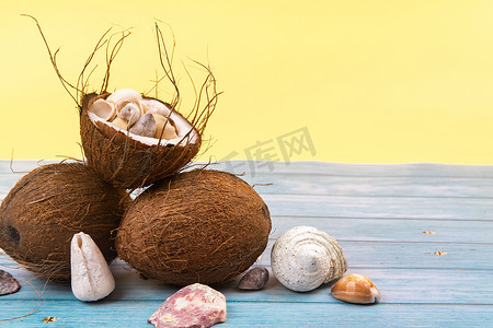 海洋主题背景摄影照片_黄色和蓝色木质背景上的椰子和贝壳。海洋主题