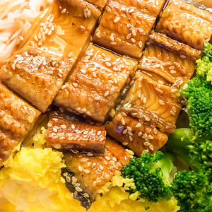日本烤鳗鱼和米饭碗套装。
