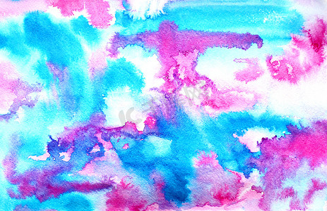 水墨画摄影照片_Grunge 纸张纹理上的抽象蓝色粉红色水墨画。