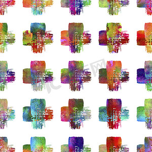 彩虹色水彩画笔交叉无缝图案田庄几何设计。