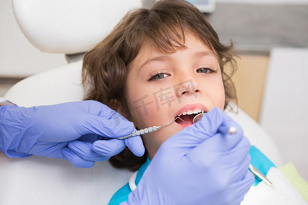 小儿牙医在牙医椅上检查小男孩的牙齿