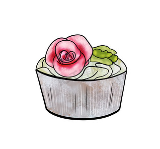 一幅彩色糖果图的插图：白色孤立背景上装饰着奶油和鲜花的纸杯蛋糕