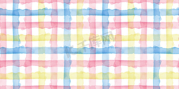 花纹格子摄影照片_格子水彩抽象黄色粉色蓝色条纹背景。